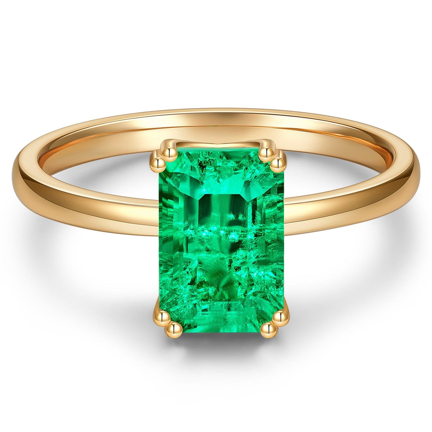 Lab-Grown Emerald-Cut Emerald - Solitaire Classic Engagement Ring 14K Yellow Gold Plated (Includes GRC Certification from International Gemological Institute)