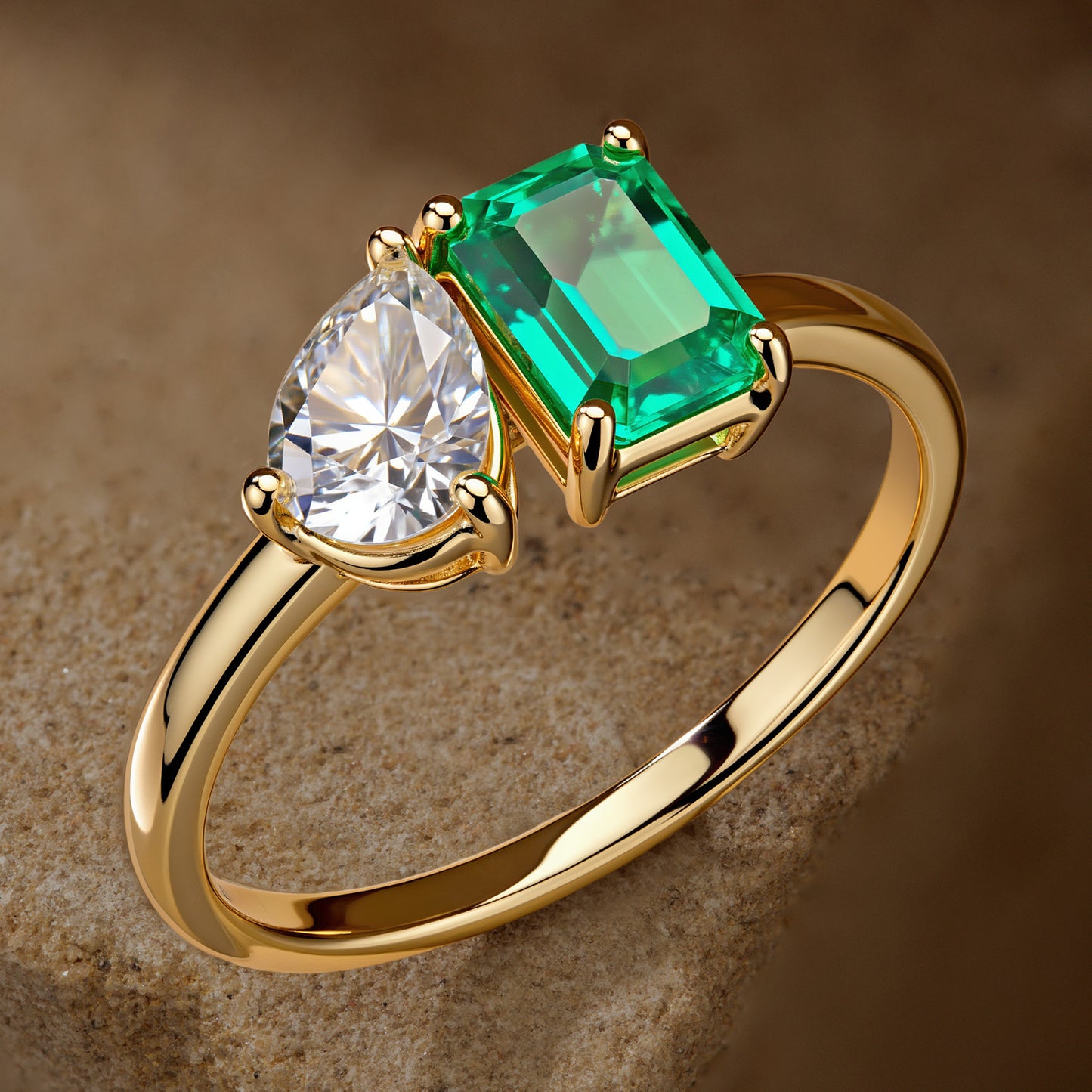 Lab-Grown Emerald-Cut Emerald and Lab-Grown Pear Cut Moissanite - Two Stone Classic Engagement Ring 14K Yellow Gold Plated (Includes GRC Certification from International Gemological Institute)