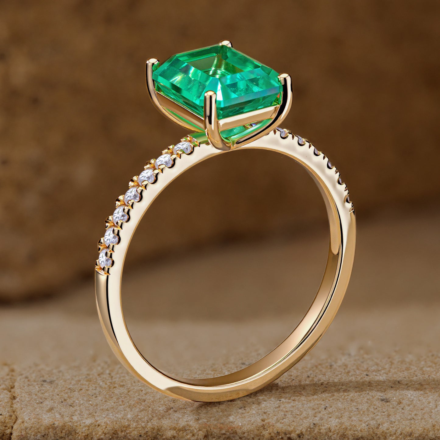 Lab-Grown Emerald-Cut Emerald - Pave Classic Engagement Ring 14K Yellow Gold Plated (Includes GRC Certification from International Gemological Institute)