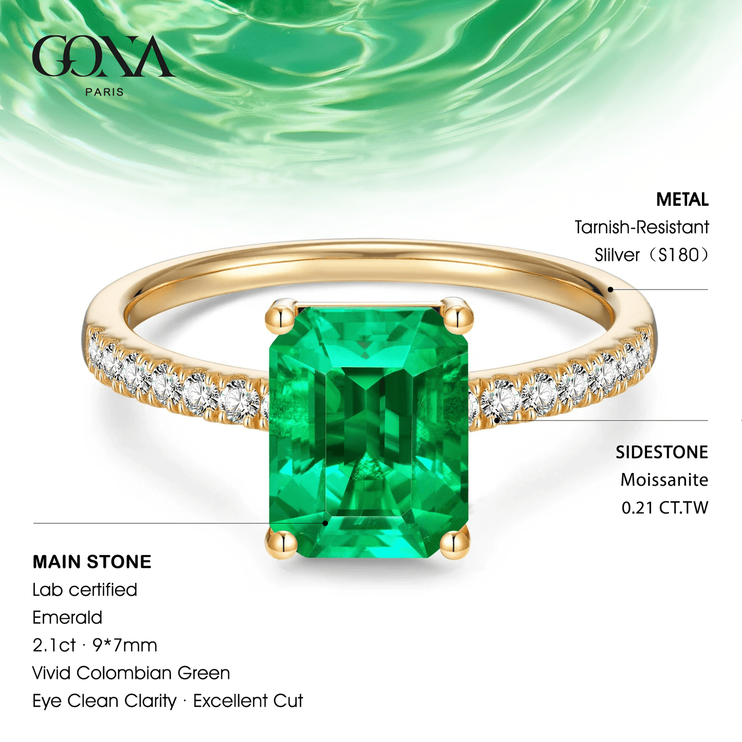 Emerald-Cut Vivid Colombian Green Lab-Certified Emerald - Pave Classic Engagement Ring 14K Yellow Gold Plated (Includes GRC Certification from Gemstone Research Center)