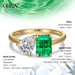 Emerald-Cut Vivid Colombian Green Lab-Certified Emerald and Lab-Certified Pear Brilliant Cut Moissanite - Two Stone Classic Engagement Ring 14K Yellow Gold Plated (Includes GRC Certification from Gemstone Research Center)