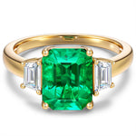 Lab-Grown Emerald-Cut Emerald - Three Stone Classic Engagement Ring 14K Yellow Gold Plated (Includes GRC Certification from International Gemological Institute)