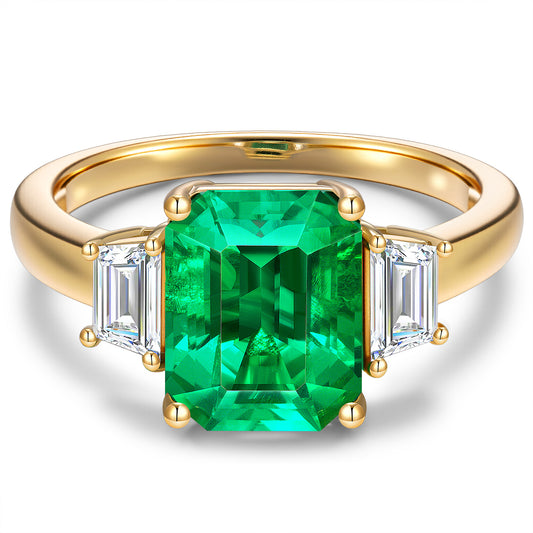 gon- Lab-Grown Emerald-Cut Emerald - Three Stone Classic Engagement Ring 14K Yellow Gold Plated (Includes GRC Certification from International Gemological Institute)