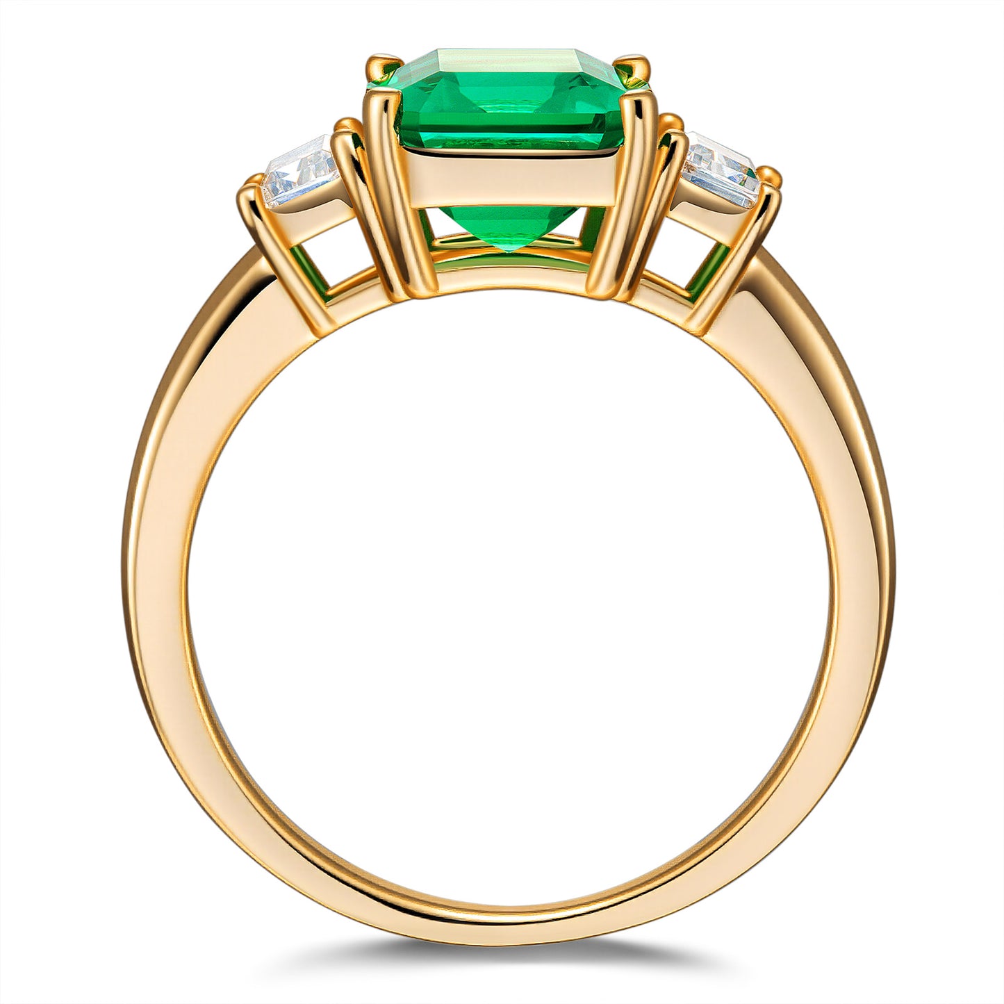 Lab-Grown Emerald-Cut Emerald - Three Stone Classic Engagement Ring 14K Yellow Gold Plated (Includes GRC Certification from International Gemological Institute)