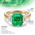 Emerald-Cut Vivid Colombian Green Lab-Certified Emerald - Three Stone Classic Engagement Ring 14K Yellow Gold Plated (Includes GRC Certification from Gemstone Research Center)