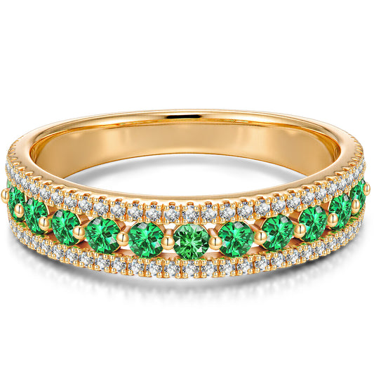 gon- Lab-Grown Round Brilliant Cut Emerald - Half Eternity Ring 14K Yellow Gold Plated (Includes GRC Certification from International Gemological Institute)