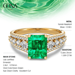 Emerald-Cut Vivid Colombian Green Lab-Certified Emerald - Pave Classic Engagement Ring 14K Yellow Gold Plated (Includes GRC Certification from Gemstone Research Center)