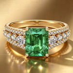 Emerald-Cut Vivid Colombian Green Lab-Certified Emerald - Pave Classic Engagement Ring 14K Yellow Gold Plated (Includes GRC Certification from Gemstone Research Center)