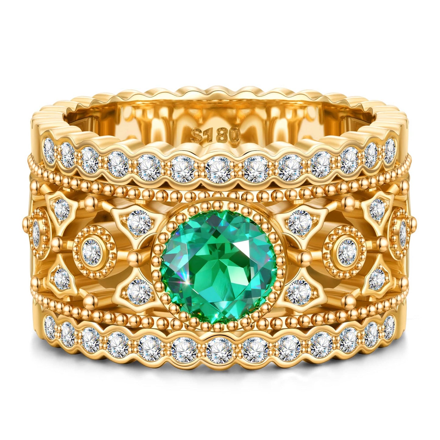 Round Brilliant Cut Vivid Colombian Green Lab-Certified Emerald - Pave Classic Engagement Ring 14K Yellow Gold Plated (Includes GRC Certification from Gemstone Research Center)