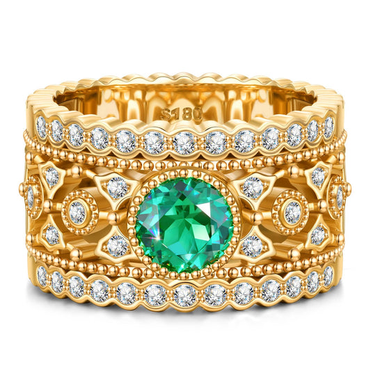 gona- Round Brilliant Cut Vivid Colombian Green Lab-Certified Emerald - Pave Classic Engagement Ring 14K Yellow Gold Plated (Includes GRC Certification from Gemstone Research Center)