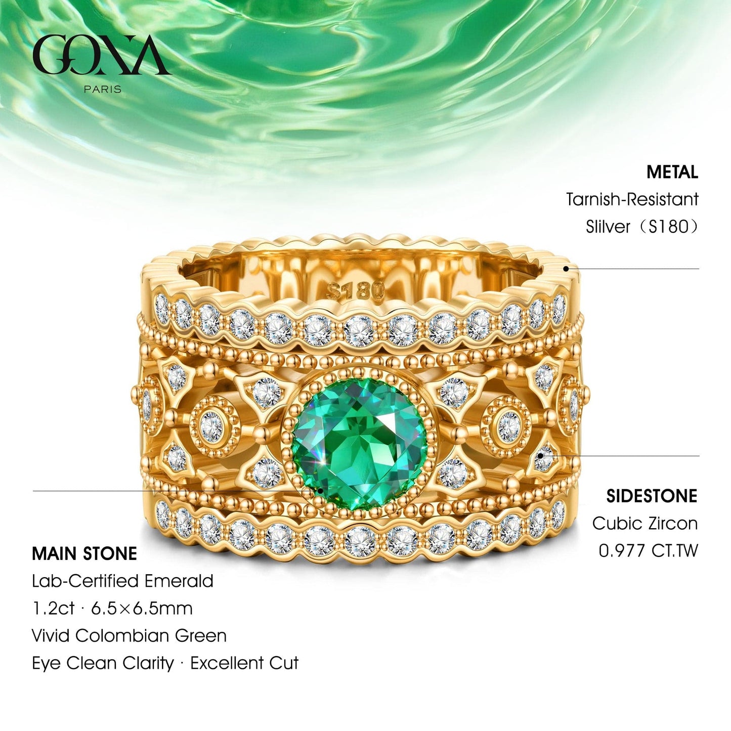 Round Brilliant Cut Vivid Colombian Green Lab-Certified Emerald - Pave Classic Engagement Ring 14K Yellow Gold Plated (Includes GRC Certification from Gemstone Research Center)