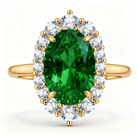 gona- 3.6 ct Oval Lab-Grown Emerald Halo Engagement Ring, Thick 14K Gold Plating over Tarnish-Resistant Silver, GRC Report Included — Wedding Anniversary Gift
