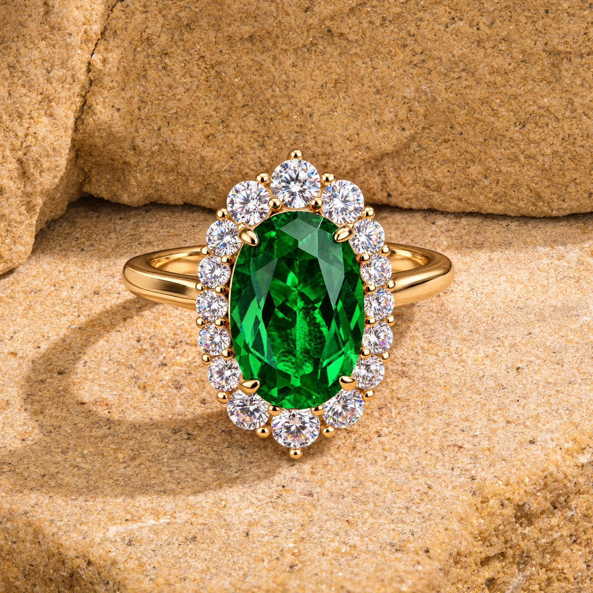 Oval Lab-Grown Zambian Emerald Halo Engagement Ring in 14K Yellow Gold Plated Silver