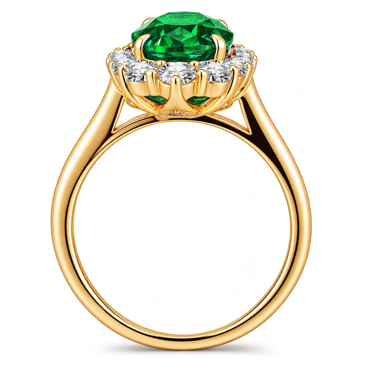 Oval Lab-Grown Zambian Emerald Halo Engagement Ring in 14K Yellow Gold Plated Silver