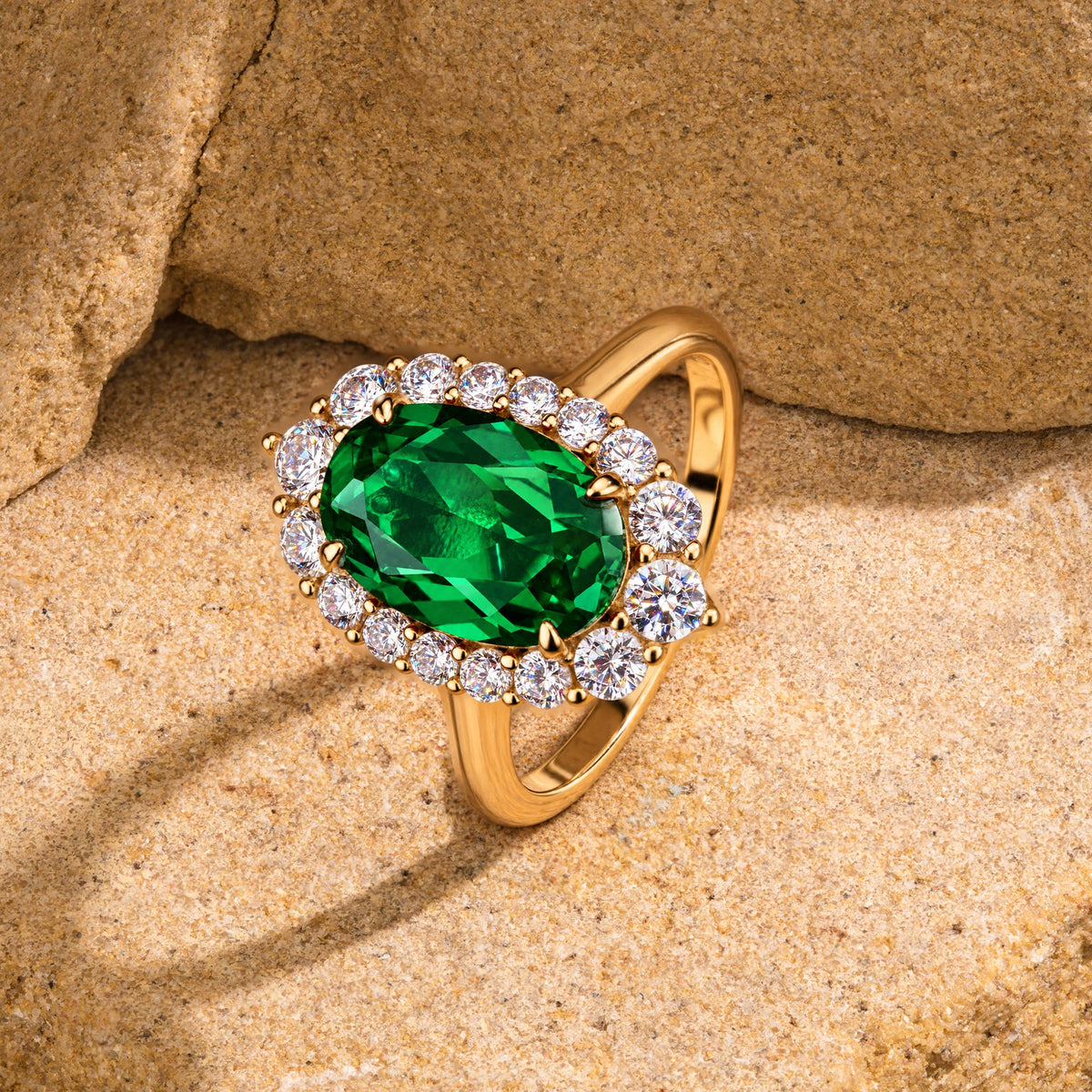 Oval Lab-Grown Zambian Emerald Halo Engagement Ring in 14K Yellow Gold Plated Silver