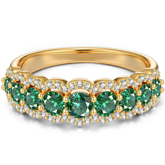 gona- Round Brilliant Cut Vivid Colombian Green Lab-Certified Emerald - Half Eternity Ring 14K Yellow Gold Plated (Includes GRC Certification from Gemstone Research Center)