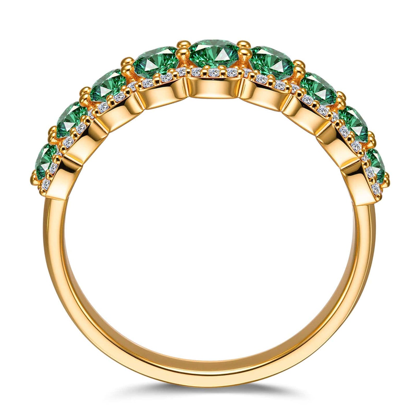 Round Brilliant Cut Vivid Colombian Green Lab-Certified Emerald - Half Eternity Ring 14K Yellow Gold Plated (Includes GRC Certification from Gemstone Research Center)
