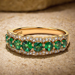 Round Brilliant Cut Vivid Colombian Green Lab-Certified Emerald - Half Eternity Ring 14K Yellow Gold Plated (Includes GRC Certification from Gemstone Research Center)