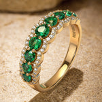 Round Brilliant Cut Vivid Colombian Green Lab-Certified Emerald - Half Eternity Ring 14K Yellow Gold Plated (Includes GRC Certification from Gemstone Research Center)