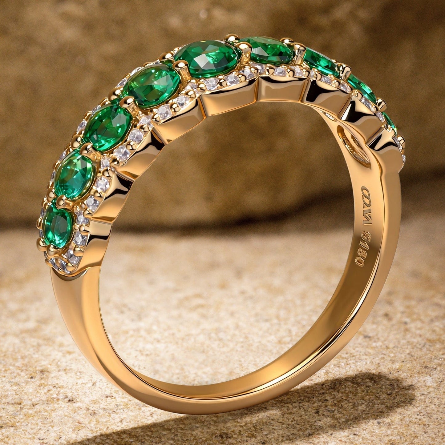 Round Brilliant Cut Vivid Colombian Green Lab-Certified Emerald - Half Eternity Ring 14K Yellow Gold Plated (Includes GRC Certification from Gemstone Research Center)