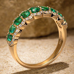 Round Brilliant Cut Vivid Colombian Green Lab-Certified Emerald - Half Eternity Ring 14K Yellow Gold Plated (Includes GRC Certification from Gemstone Research Center)
