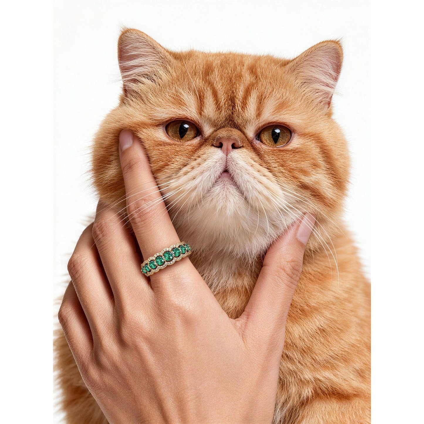 Round Brilliant Cut Vivid Colombian Green Lab-Certified Emerald - Half Eternity Ring 14K Yellow Gold Plated (Includes GRC Certification from Gemstone Research Center)