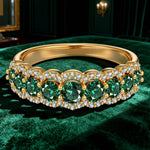 Round Brilliant Cut Vivid Colombian Green Lab-Certified Emerald - Half Eternity Ring 14K Yellow Gold Plated (Includes GRC Certification from Gemstone Research Center)