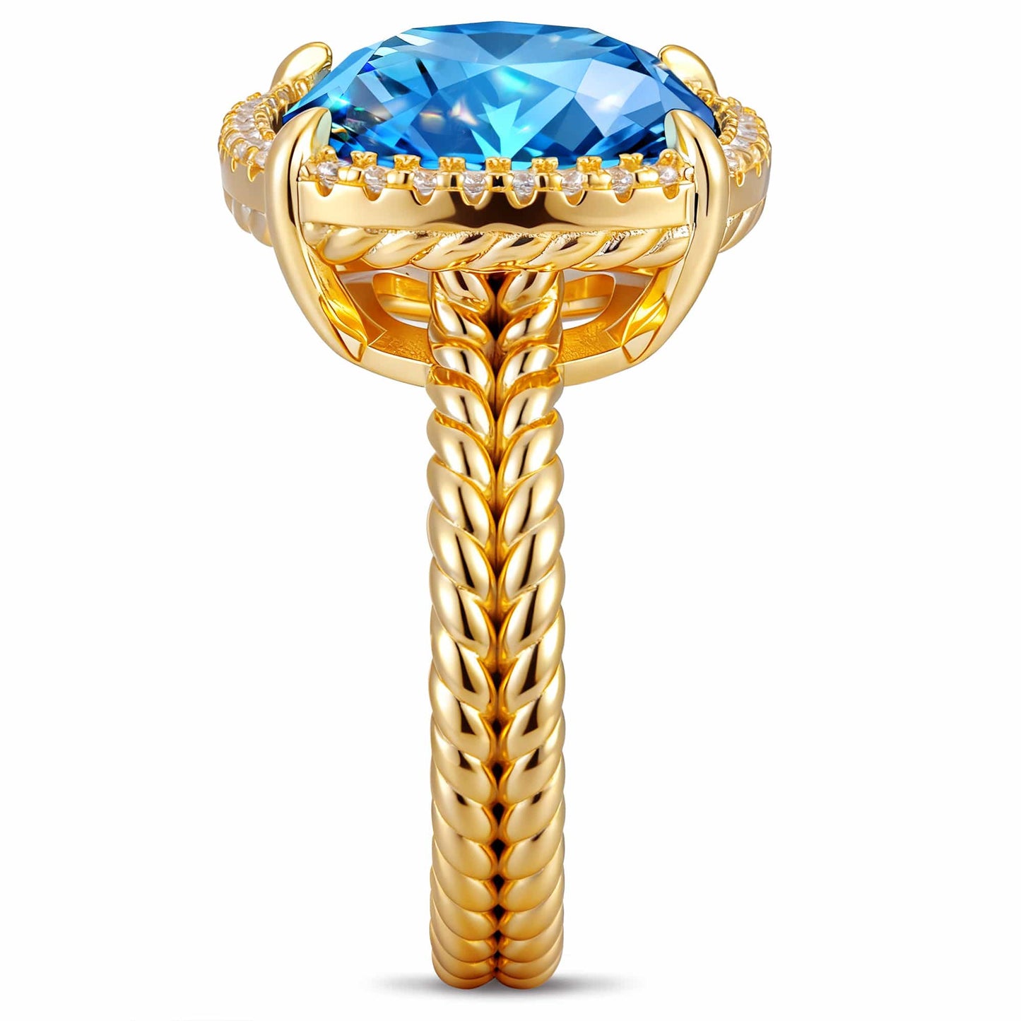 Created With Swarovski® Crystals - Cushion Modified Brilliant Cut Aquamarine Color Halo Classic Engagement Ring 14K Yellow Gold Plated
