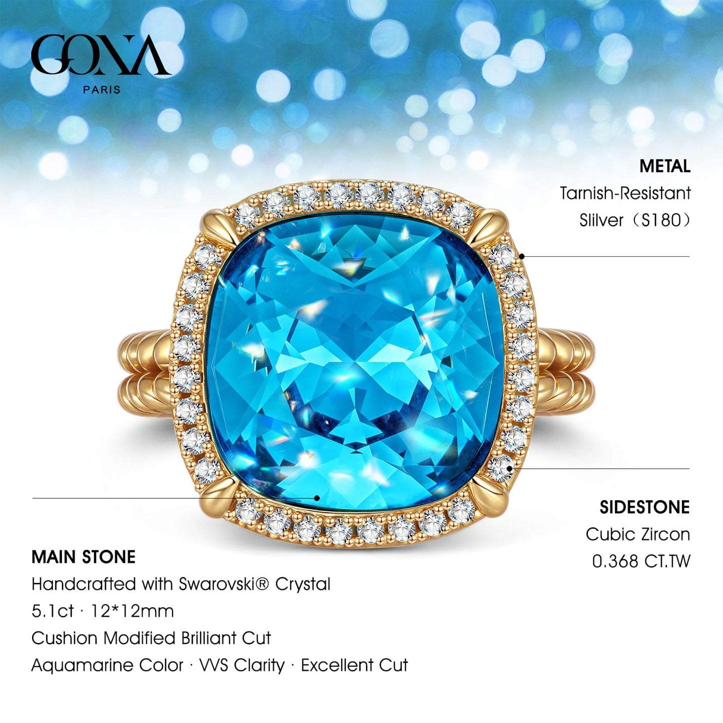 Created With Swarovski® Crystals - Cushion Modified Brilliant Cut Aquamarine Color Halo Classic Engagement Ring 14K Yellow Gold Plated