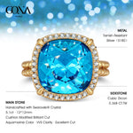 Created With Swarovski® Crystals - Cushion Modified Brilliant Cut Aquamarine Color Halo Classic Engagement Ring 14K Yellow Gold Plated