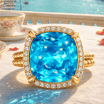 Created With Swarovski® Crystals - Cushion Modified Brilliant Cut Aquamarine Color Halo Classic Engagement Ring 14K Yellow Gold Plated