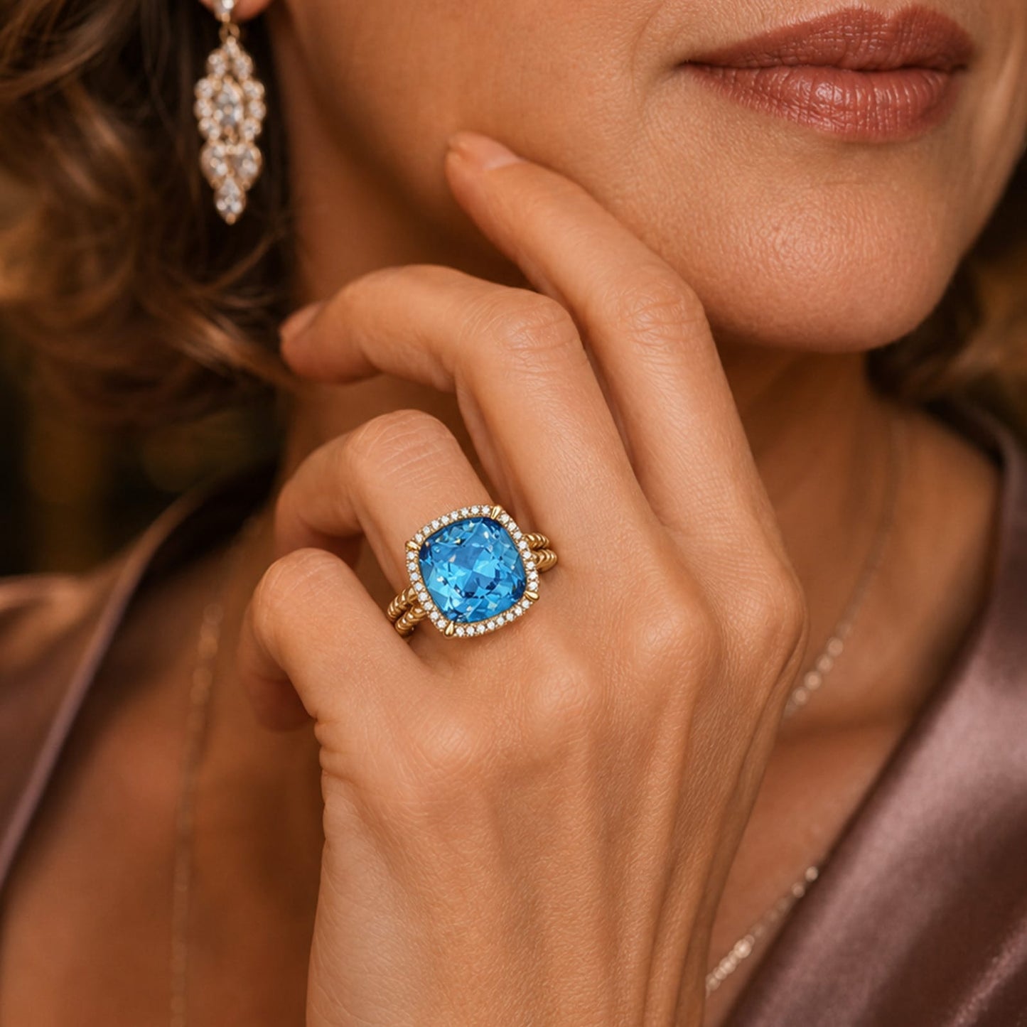 Created With Swarovski® Crystals - Cushion Modified Brilliant Cut Aquamarine Color Halo Classic Engagement Ring 14K Yellow Gold Plated