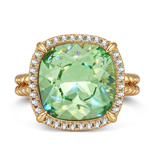 gona- Created With Swarovski® Crystals - Cushion Modified Brilliant Cut Olivine Green Halo Classic Engagement Ring 14K Yellow Gold Plated
