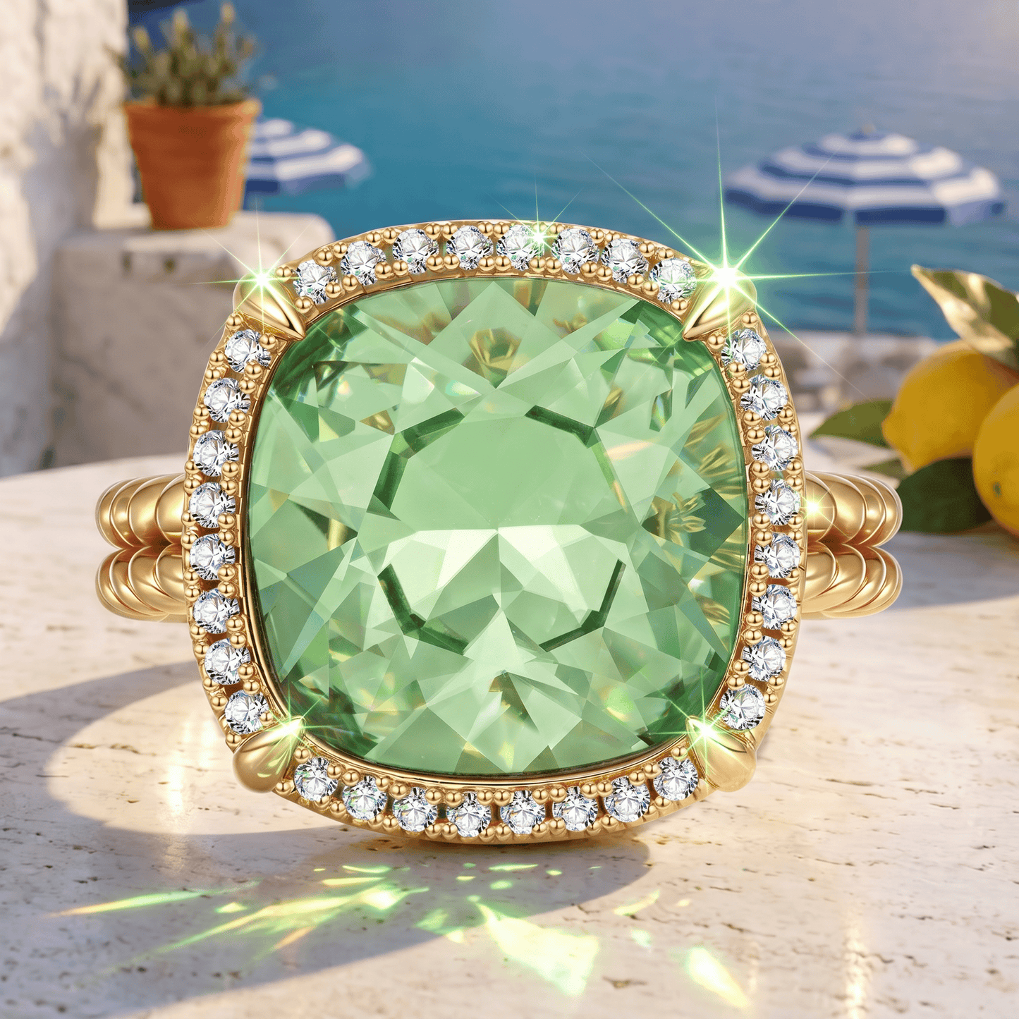 Created With Swarovski® Crystals - Cushion Modified Brilliant Cut Peridot Color Halo Classic Engagement Ring 14K Yellow Gold Plated
