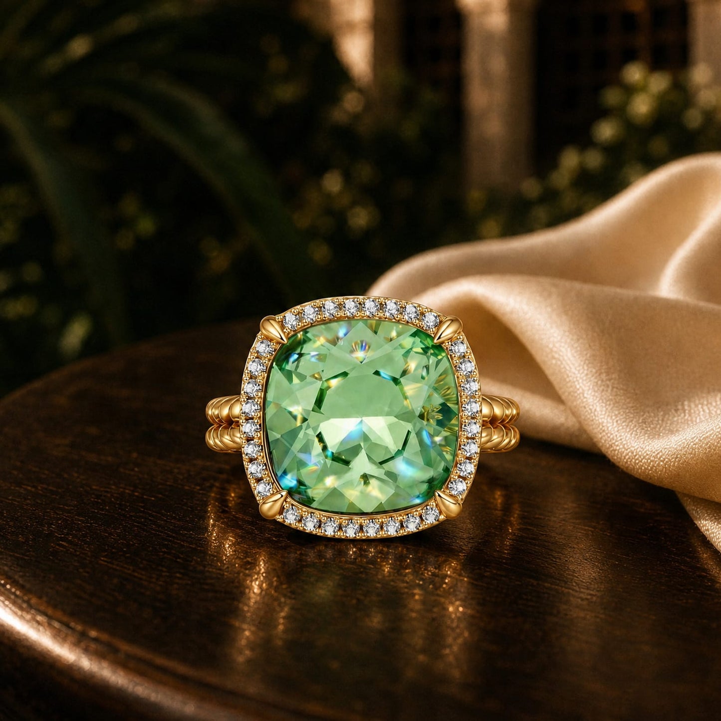Created With Swarovski® Crystals - Cushion Modified Brilliant Cut Peridot Color Halo Classic Engagement Ring 14K Yellow Gold Plated