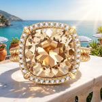 Created With Swarovski® Crystals - Cushion Modified Brilliant Cut Golden Shadow Color Halo Classic Engagement Ring 14K Yellow Gold Plated