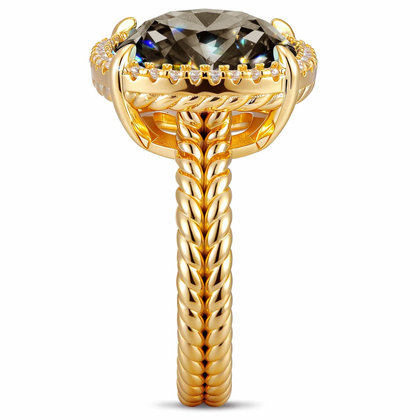 Created With Swarovski® Crystals - Cushion Modified Brilliant Cut Black Diamond Color Halo Classic Engagement Ring 14K Yellow Gold Plated