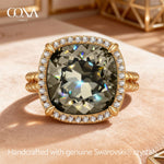 Created With Swarovski® Crystals - Cushion Modified Brilliant Cut Black Diamond Color Halo Classic Engagement Ring 14K Yellow Gold Plated