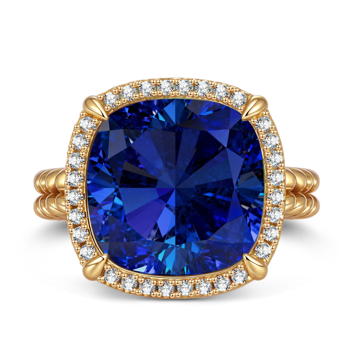 Created With Swarovski® Crystals - Cushion Modified Brilliant Cut Sapphire Color Halo Classic Engagement Ring 14K Yellow Gold Plated