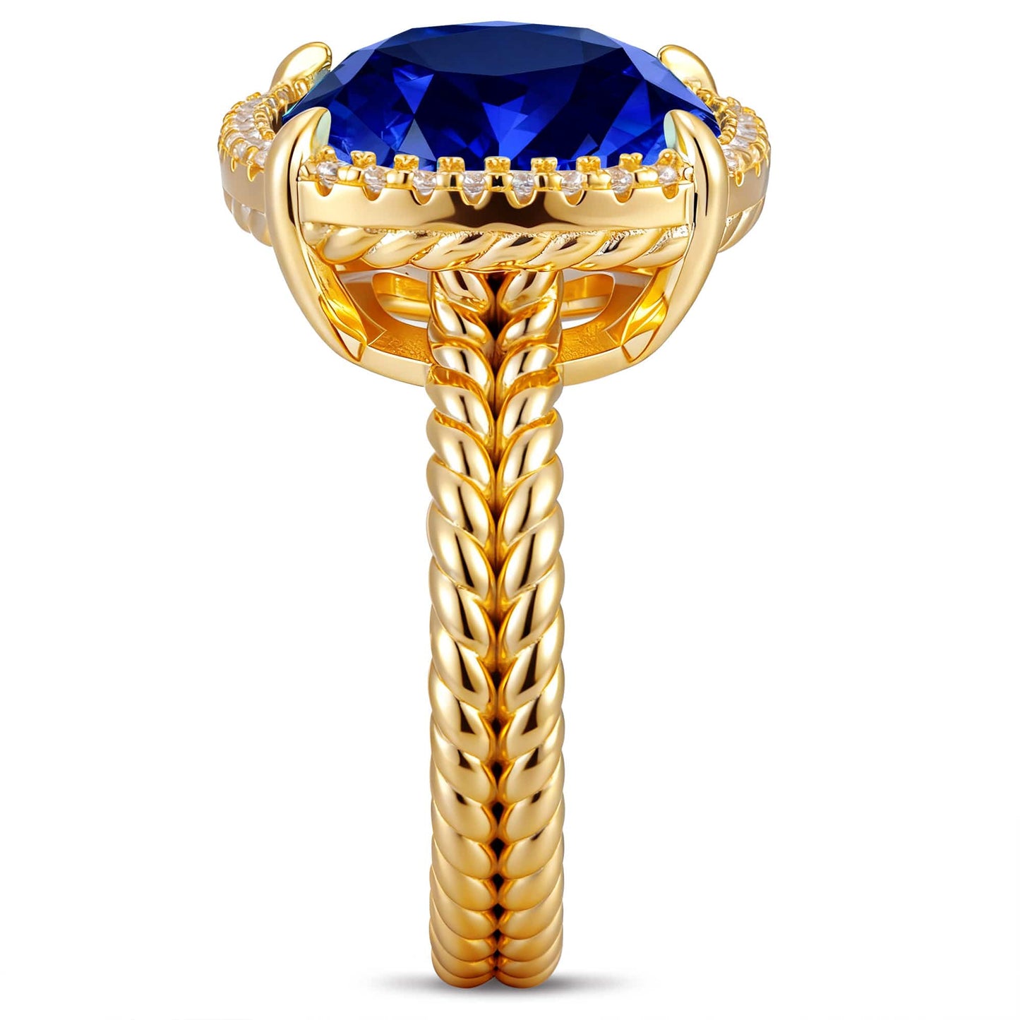 Created With Swarovski® Crystals - Cushion Modified Brilliant Cut Sapphire Color Halo Classic Engagement Ring 14K Yellow Gold Plated