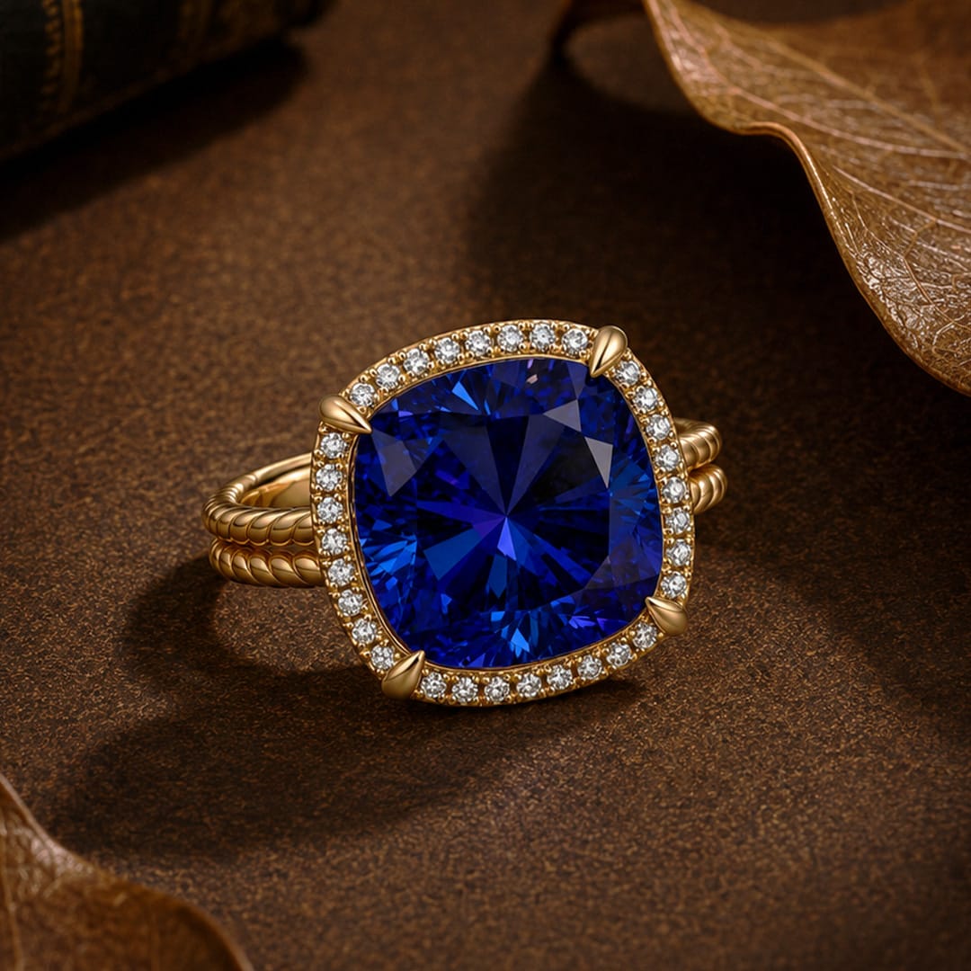 Created With Swarovski® Crystals - Cushion Modified Brilliant Cut Sapphire Color Halo Classic Engagement Ring 14K Yellow Gold Plated