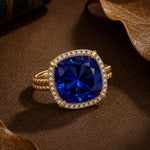Created With Swarovski® Crystals - Cushion Modified Brilliant Cut Sapphire Color Halo Classic Engagement Ring 14K Yellow Gold Plated