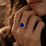 Created With Swarovski® Crystals - Cushion Modified Brilliant Cut Sapphire Color Halo Classic Engagement Ring 14K Yellow Gold Plated