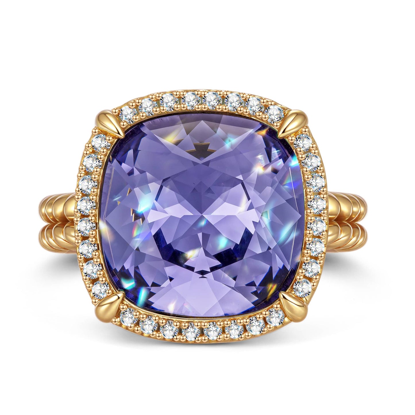 Created With Swarovski® Crystals - Cushion Modified Brilliant Cut Tanzanite Color Halo Classic Engagement Ring 14K Yellow Gold Plated