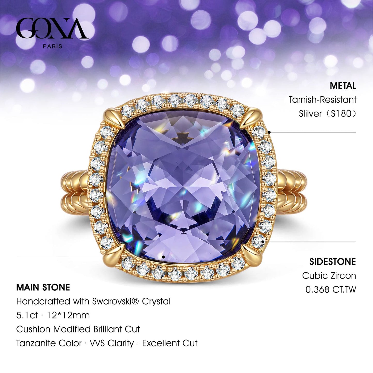 Created With Swarovski® Crystals - Cushion Modified Brilliant Cut Tanzanite Color Halo Classic Engagement Ring 14K Yellow Gold Plated