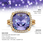 Created With Swarovski® Crystals - Cushion Modified Brilliant Cut Tanzanite Color Halo Classic Engagement Ring 14K Yellow Gold Plated