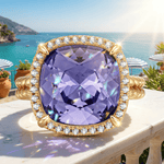 Created With Swarovski® Crystals - Cushion Modified Brilliant Cut Tanzanite Color Halo Classic Engagement Ring 14K Yellow Gold Plated