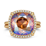 Created With Swarovski® Crystals - Cushion Modified Brilliant Cut Light Colorado Topaz Shimmer Color Halo Classic Engagement Ring 14K Yellow Gold Plated