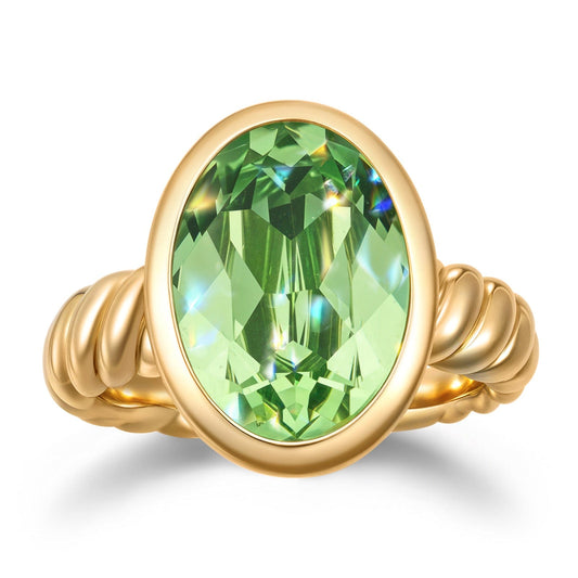 gona- Created With Swarovski® Crystals - Oval Modified Brilliant Cut Olivine Green Classic Engagement Ring 14K Yellow Gold Plated
