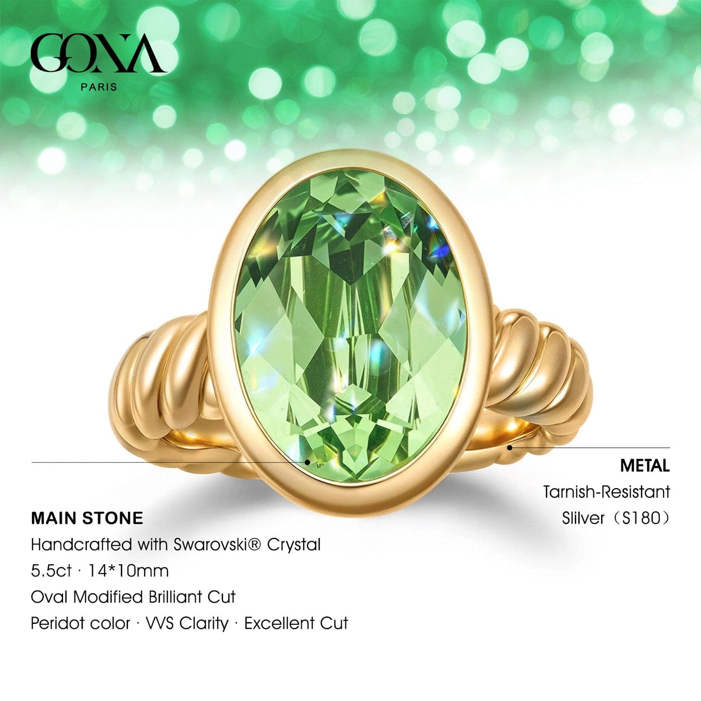 Created With Swarovski® Crystals - Oval Modified Brilliant Cut Peridot Color Classic Engagement Ring 14K Yellow Gold Plated